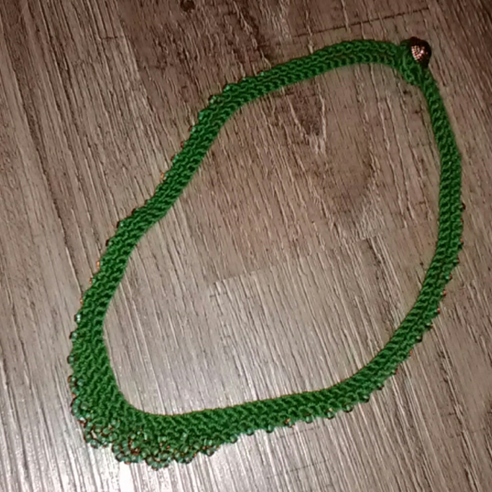Handmade Green & Gold Necklace knitted beaded